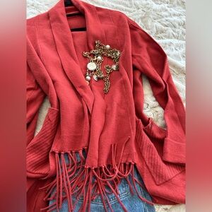 Tahari Knit Cardigan in Spice with tassels.